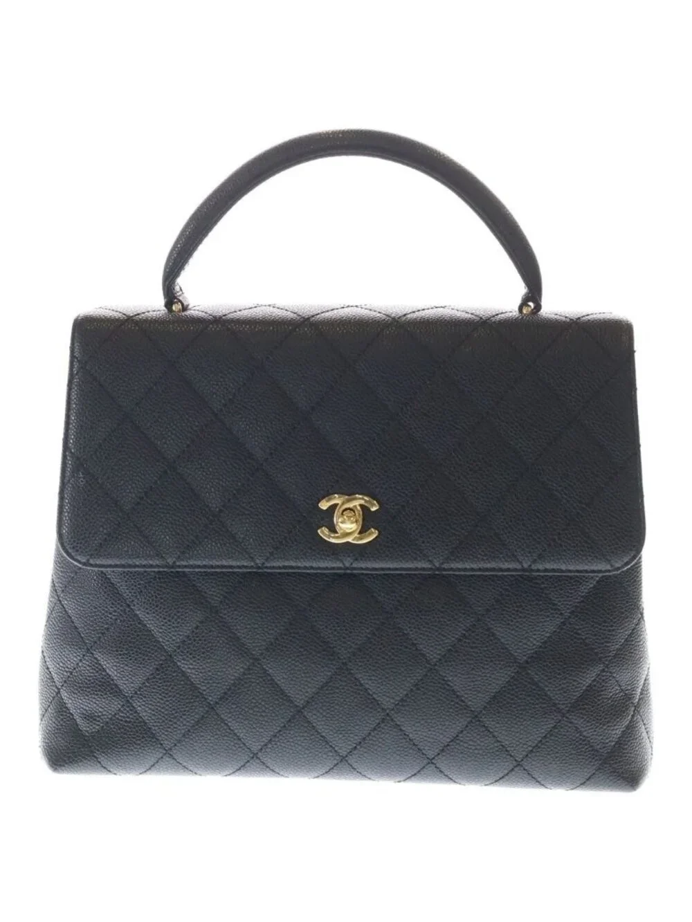 Chanel Quilted CC Logo Top Handle Handbag Caviar Leather Black